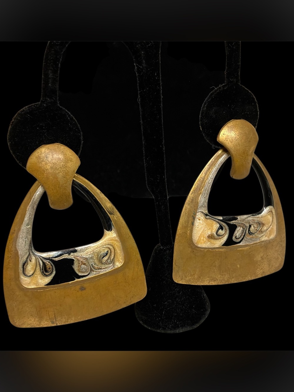Vintage Large Brass Modernist Geometric Earrings Statement Brutalist 80s Art